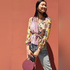 Meadow Rue Anthropologie Floral Patchwork Wrap Blouse Size 4